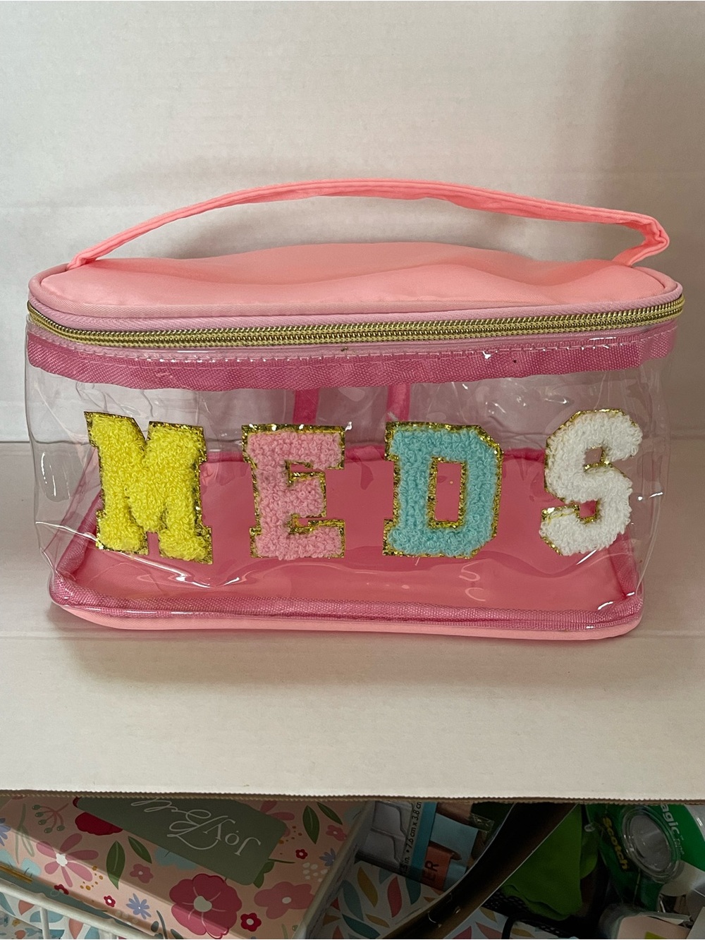 Clear Pink Medicine Case with Colorful Chenille Letter Appliqués